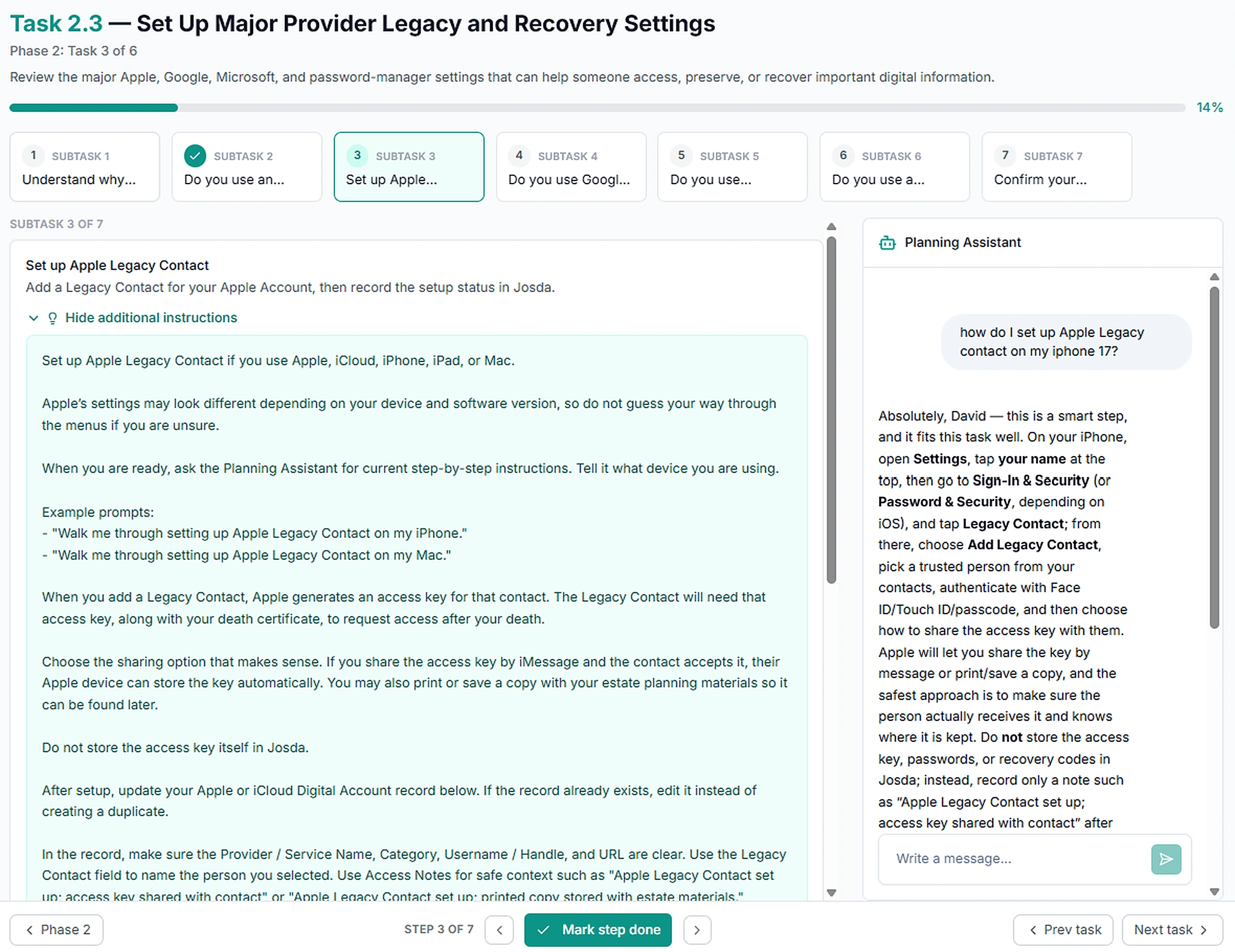 A Planning task guiding practical action on digital legacy and recovery settings